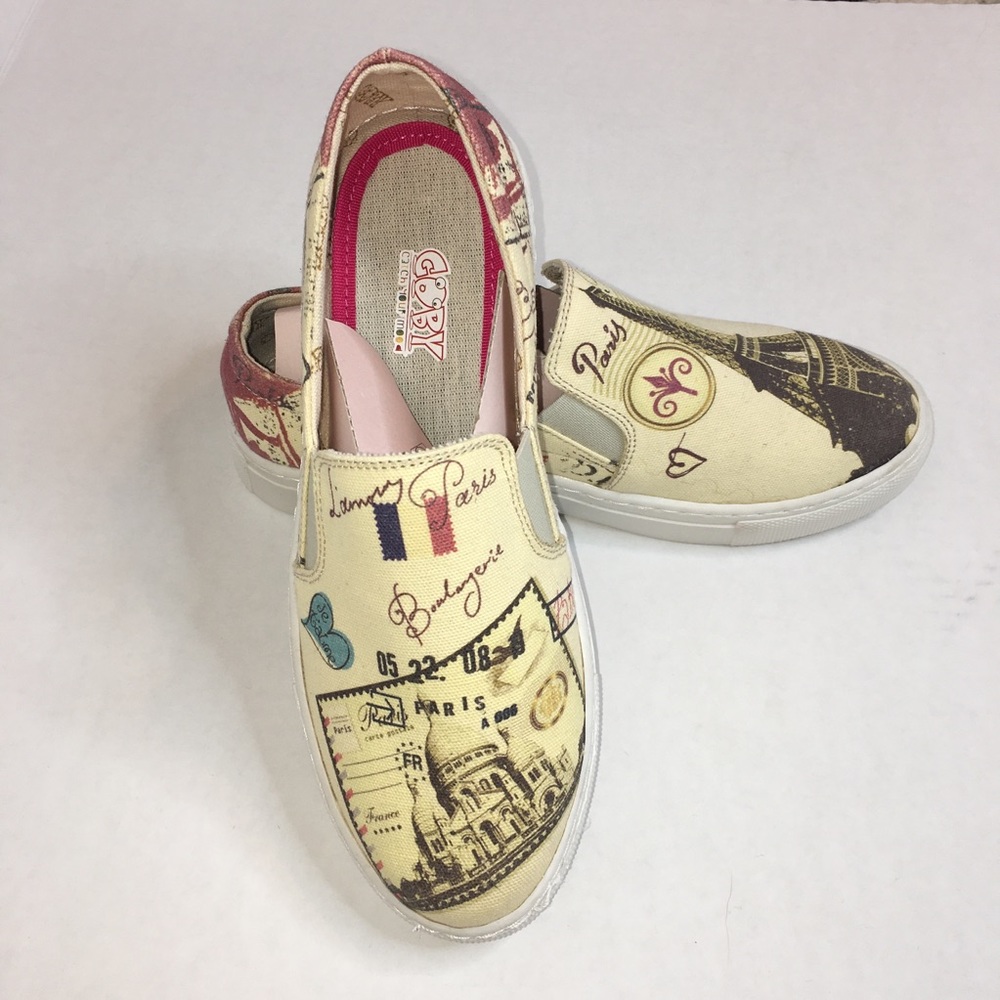 GOBY NEW France Print Slip On Sneakers Size 38 / 8 Eiffel Paris Tennis Shoes